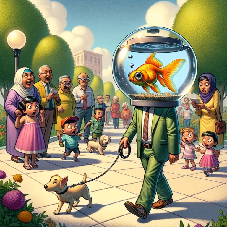 hombre caminando en un parque lleva una pecera portátil con un pez dorado mientras un niño observa con una lupa y personas miran sorprendidas