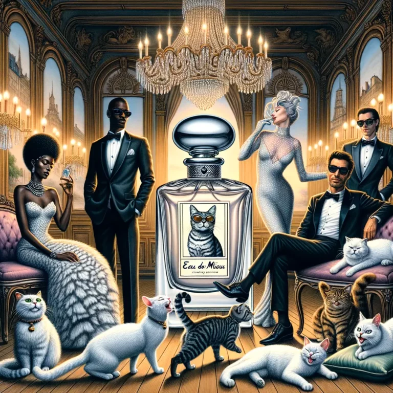 dueños elegantemente vestidos exhiben gatos sobre almohadas de terciopelo en un salón parisino mientras un frasco de perfume brilla bajo una lámpara de araña