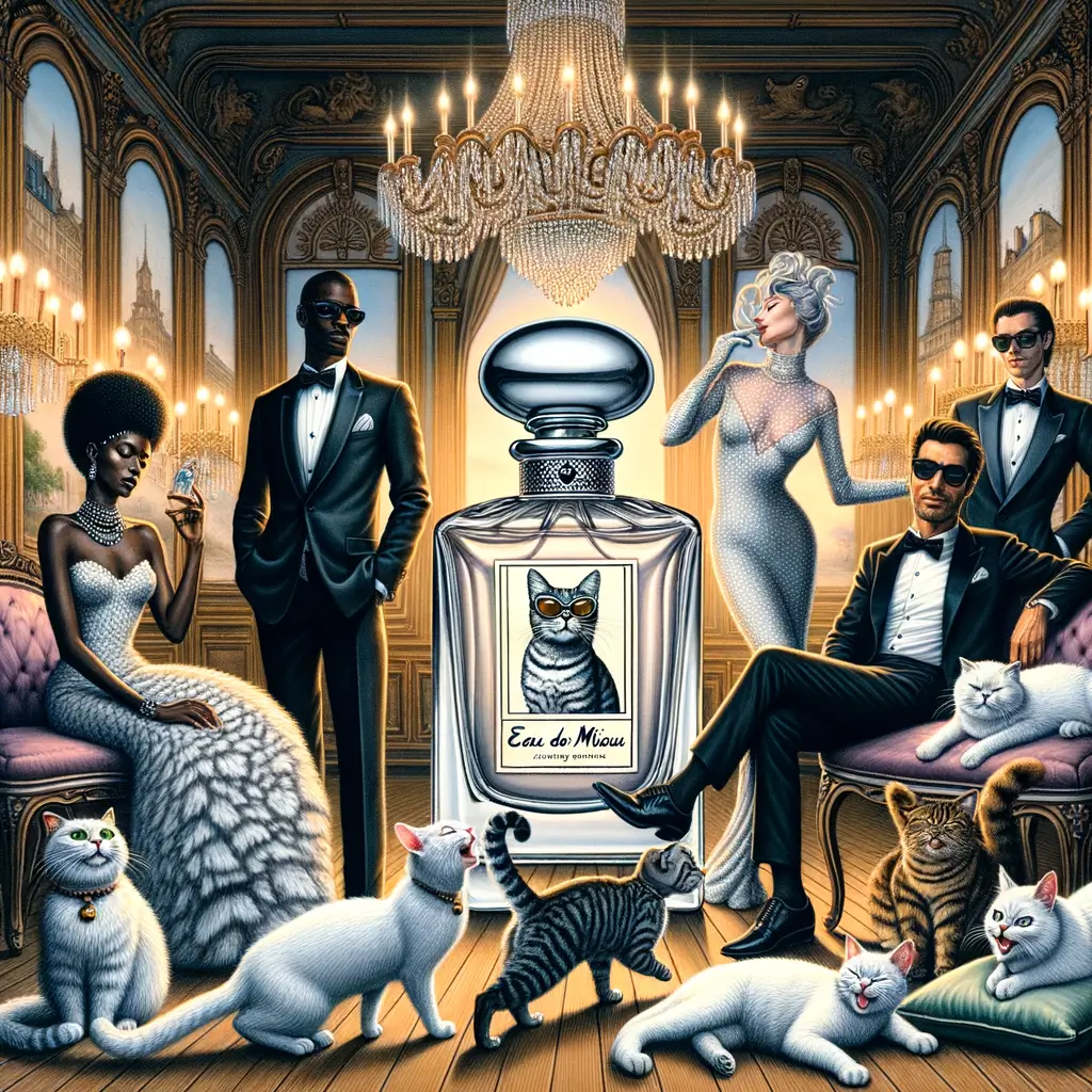 dueños elegantemente vestidos exhiben gatos sobre almohadas de terciopelo en un salón parisino mientras un frasco de perfume brilla bajo una lámpara de araña
