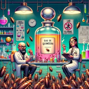dos científicos observan sorprendidos una botella gigante de perfume rodeada de cucarachas con sombreros de copa y corbatas de moño en un laboratorio caricaturesco