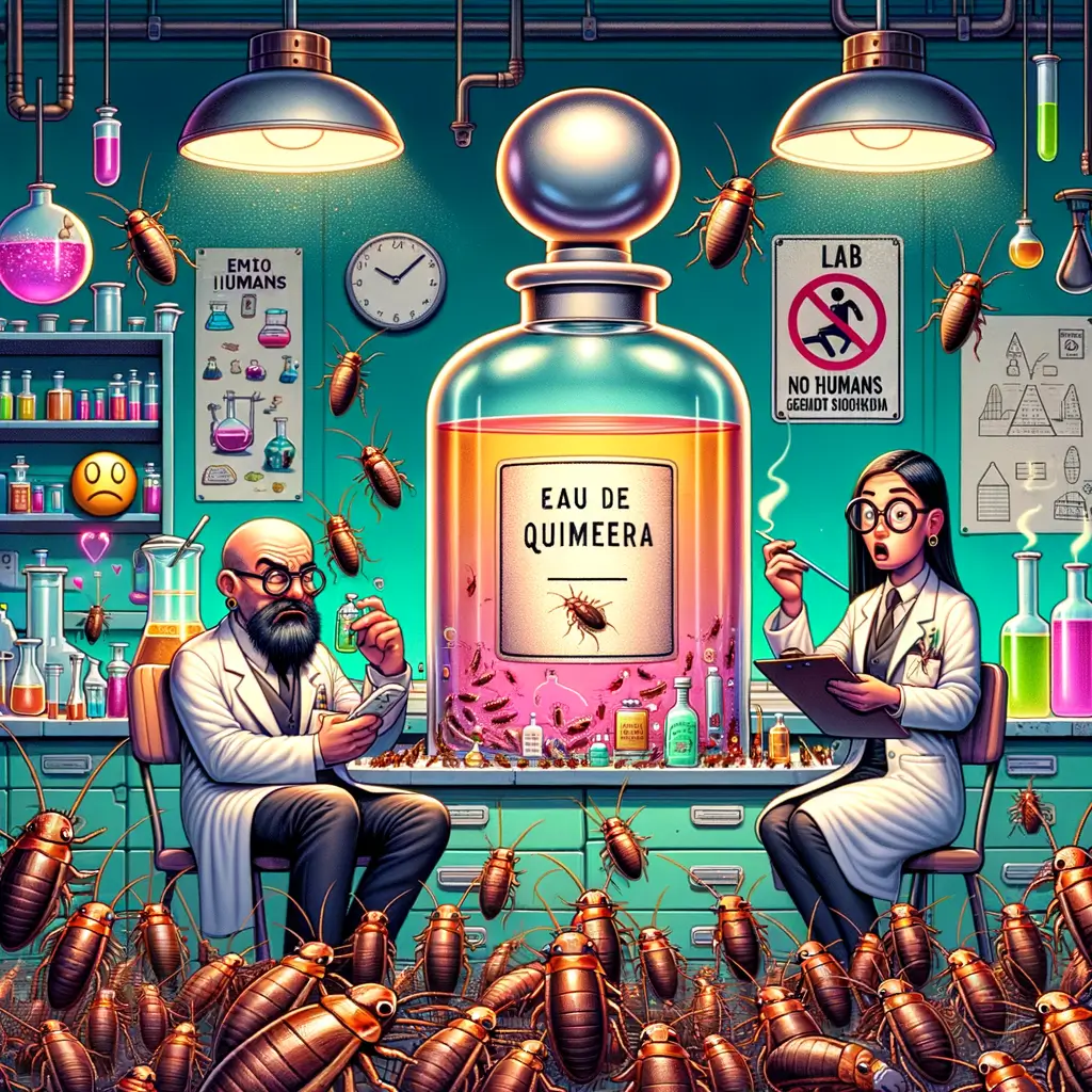 dos científicos observan sorprendidos una botella gigante de perfume rodeada de cucarachas con sombreros de copa y corbatas de moño en un laboratorio caricaturesco