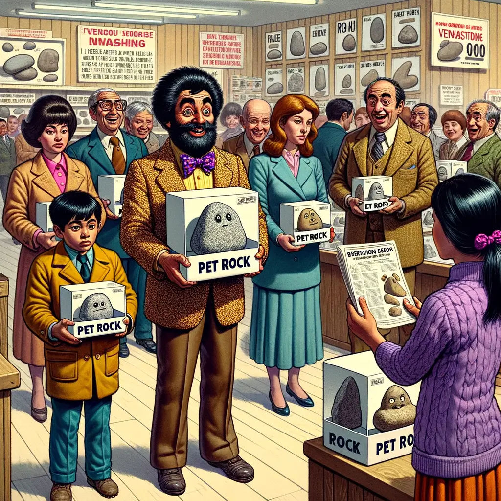 niño emocionado recibe una Pet Rock de un vendedor con traje de textura rocosa mientras padres observan con manuales de entrenamiento en una tienda de los años 70