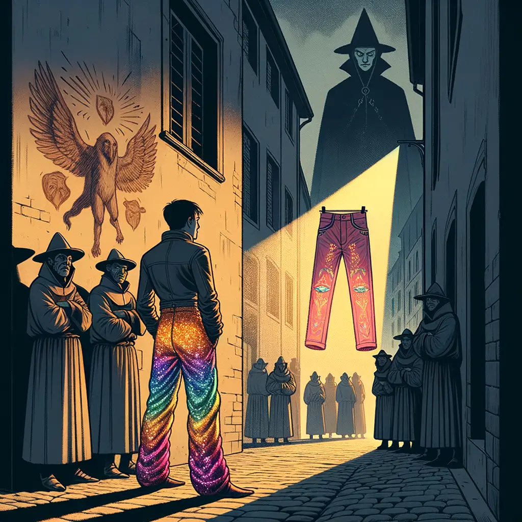 figura con pantalones coloridos en un callejón del siglo XVI en Ginebra rodeada de personas vestidas de manera sobria y símbolos de rebelión en las paredes