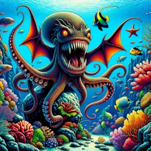 pulpo con tentáculo transformado en vampiro marino rodeado de coral colorido y peces, uno de los cuales lleva una pequeña corona