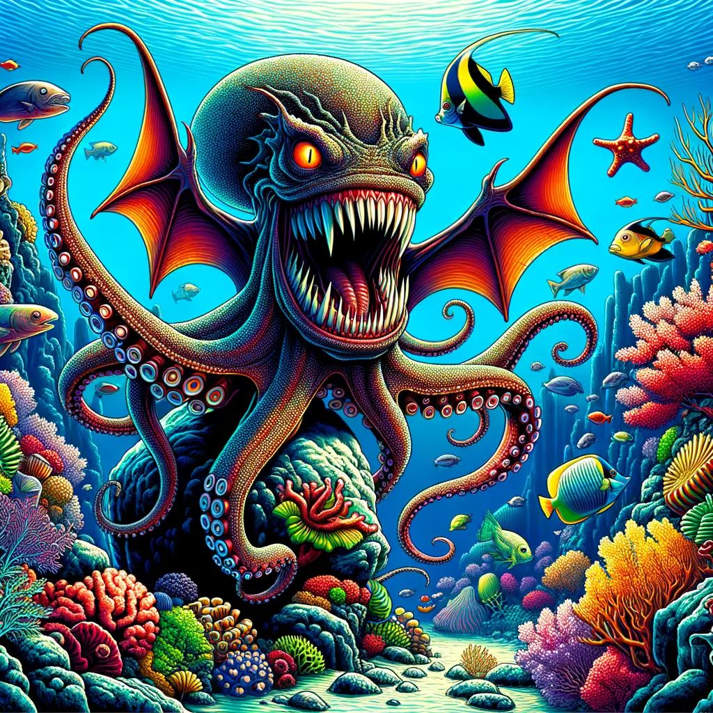 pulpo con tentáculo transformado en vampiro marino rodeado de coral colorido y peces, uno de los cuales lleva una pequeña corona