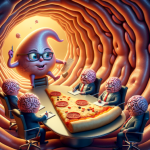 neuronas antropomórficas vestidas de ejecutivos discuten alrededor de una mesa con una pizza dentro de un estómago iluminado cálidamente