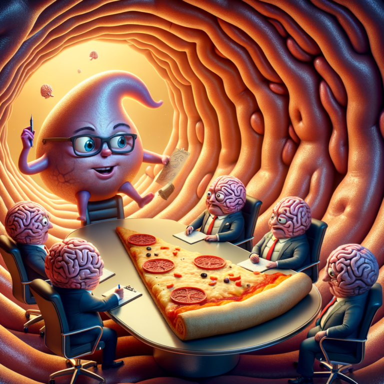 neuronas antropomórficas vestidas de ejecutivos discuten alrededor de una mesa con una pizza dentro de un estómago iluminado cálidamente