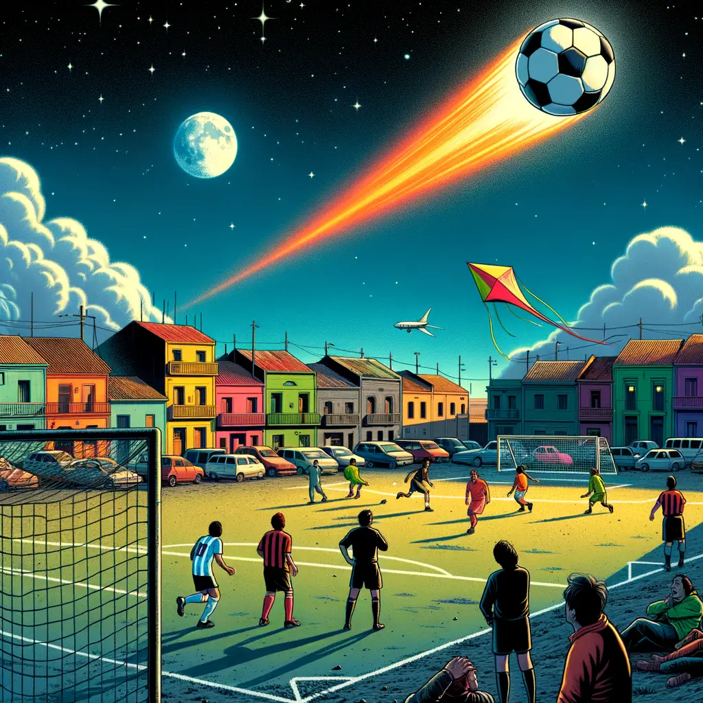 un balón de fútbol animado con cola de viento vuela hacia la luna mientras jugadores y espectadores observan asombrados bajo un cielo caricaturesco