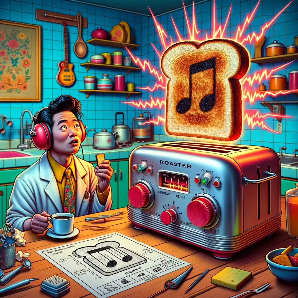 tostadora con antena emitiendo ondas sonoras exageradas mientras un ingeniero sorprendido sostiene café y un plano en una cocina retro de colores brillantes