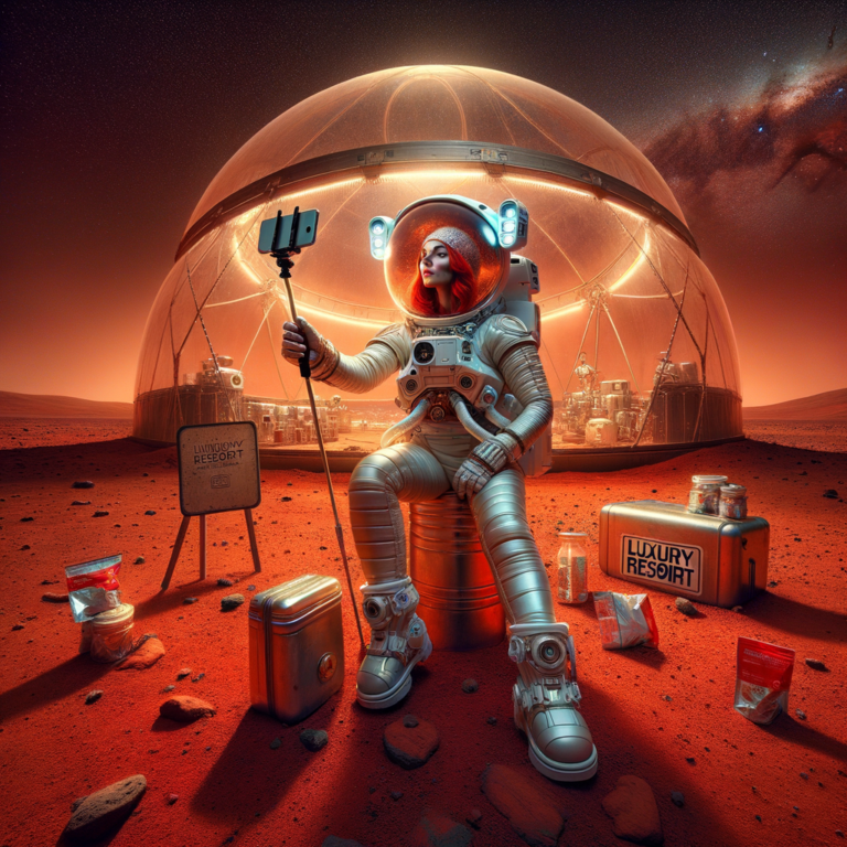 astronauta en traje espacial posando con un palo de selfie frente a un domo en Marte con un cartel de "resort de lujo"