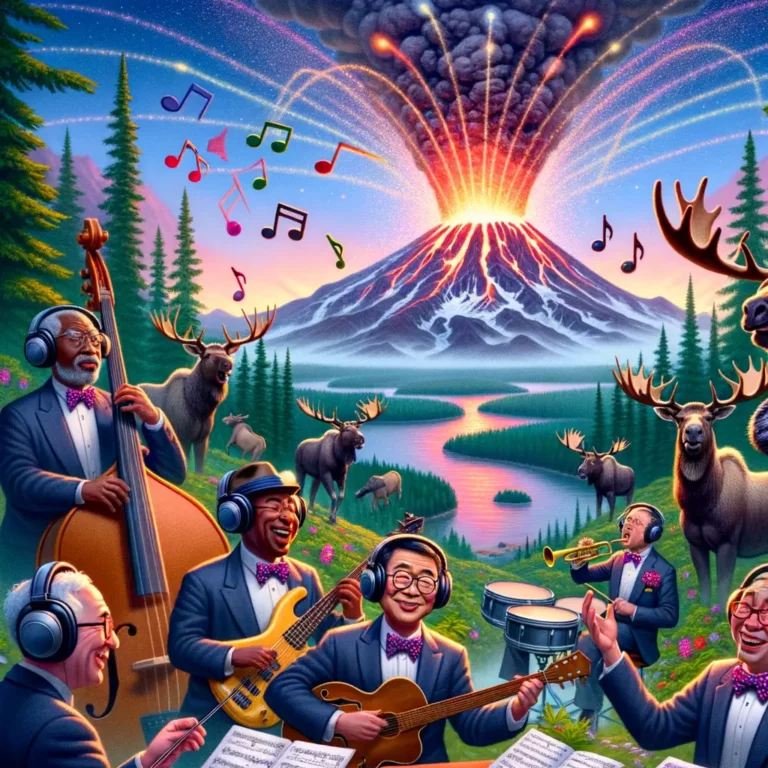 volcán con auriculares y micrófono emite ondas musicales mientras geofísicos y animales de la jungla participan en un concierto surrealista en Alaska