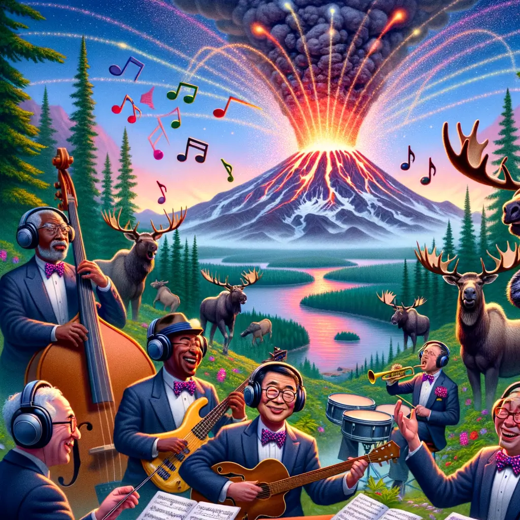 volcán con auriculares y micrófono emite ondas musicales mientras geofísicos y animales de la jungla participan en un concierto surrealista en Alaska