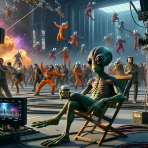 Una criatura alienígena con rasgos cómicos sostiene una taza de café mientras el equipo de filmación trabaja en una escena de batalla futurista.