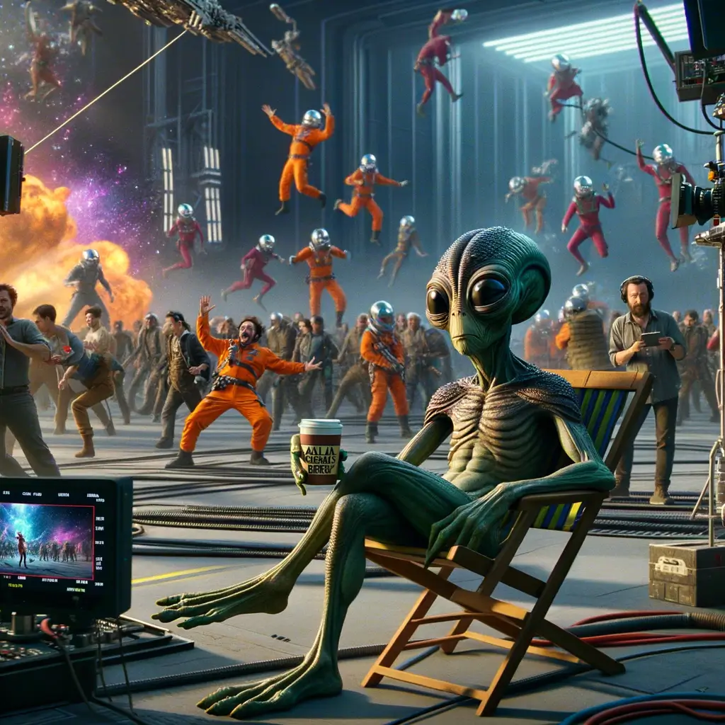Una criatura alienígena con rasgos cómicos sostiene una taza de café mientras el equipo de filmación trabaja en una escena de batalla futurista.