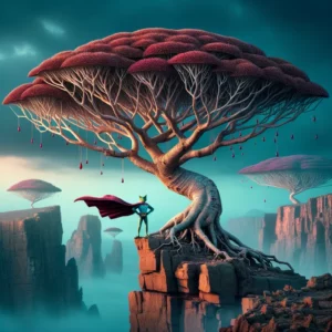 árbol de sangre de dragón con ramas extendidas como extremidades de superhéroe y un lagarto con capa en un paisaje rocoso y brumoso