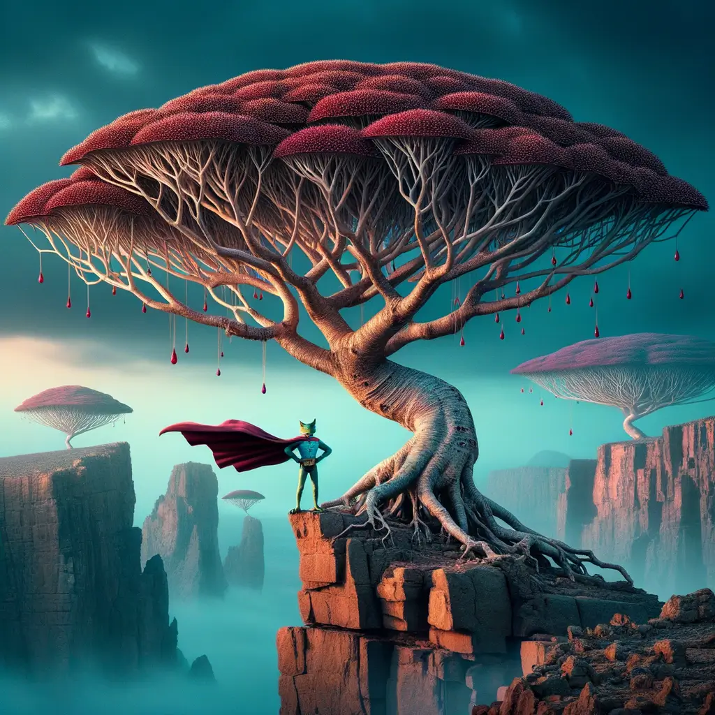 árbol de sangre de dragón con ramas extendidas como extremidades de superhéroe y un lagarto con capa en un paisaje rocoso y brumoso