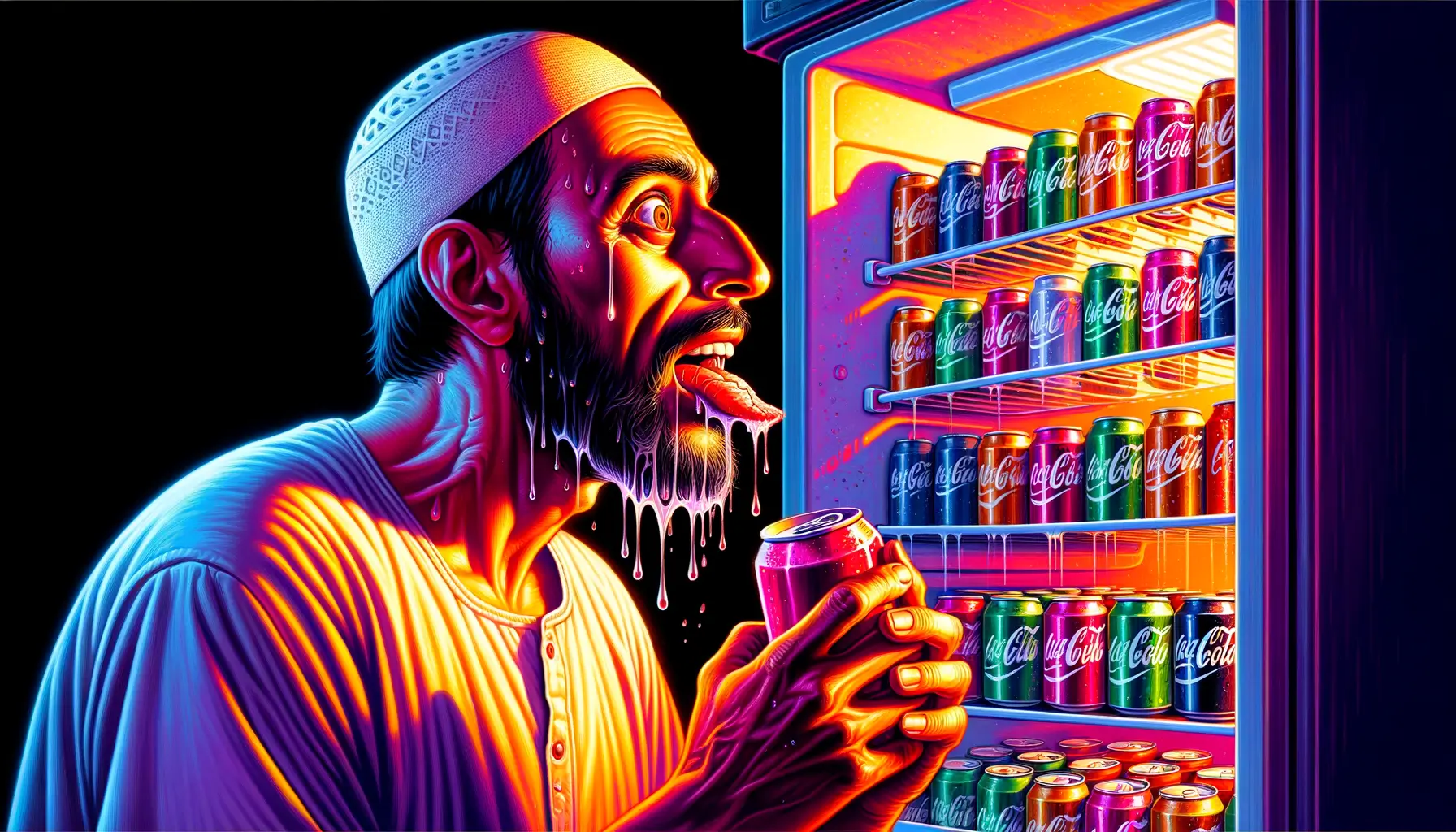 persona frente a un refrigerador lleno de latas de refresco neón sosteniendo una mientras su lengua seca resalta deshidratación