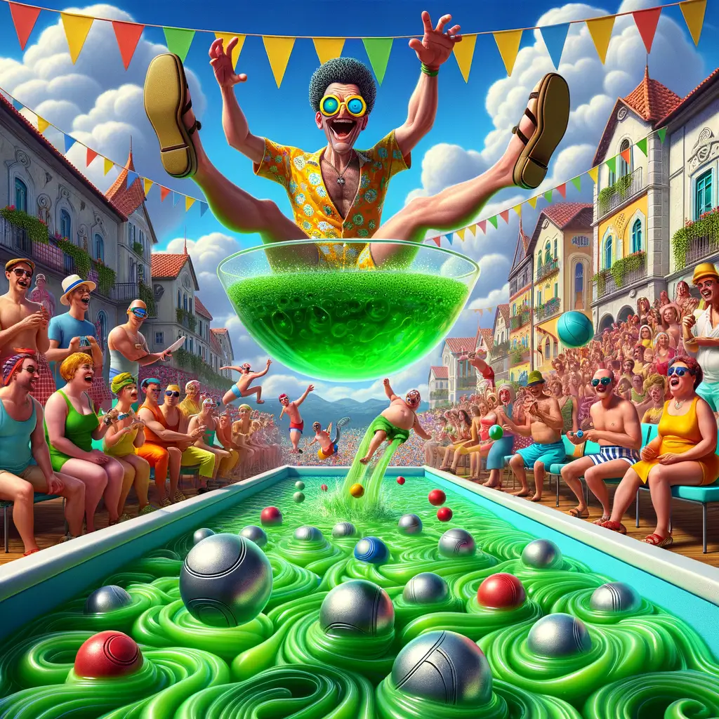 árbitro con gafas de sol cae en jacuzzi de gelatina verde mientras espectadores en ropa retro animan y jugadores intentan equilibrarse en el campo de gelatina