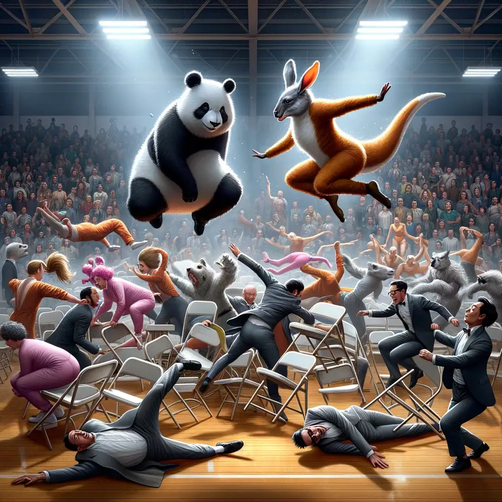 dos bailarines disfrazados de panda y canguro saltan acrobáticamente sobre sillas plegables en un gimnasio lleno de luces y público animado