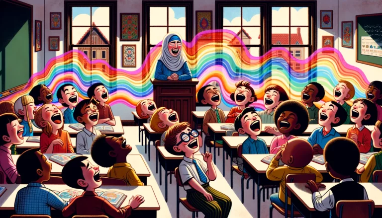 estudiantes riendo incontrolablemente con lágrimas mientras una ola de color atraviesa el aula y el maestro observa perplejo