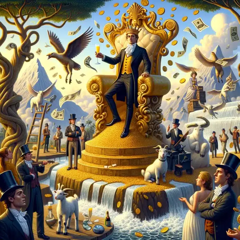 Gregor MacGregor de pie sobre una montaña de oro, rodeado de inversores victorianos y un paisaje surrealista con aves tropicales, ríos de leche y un árbol de monedas.