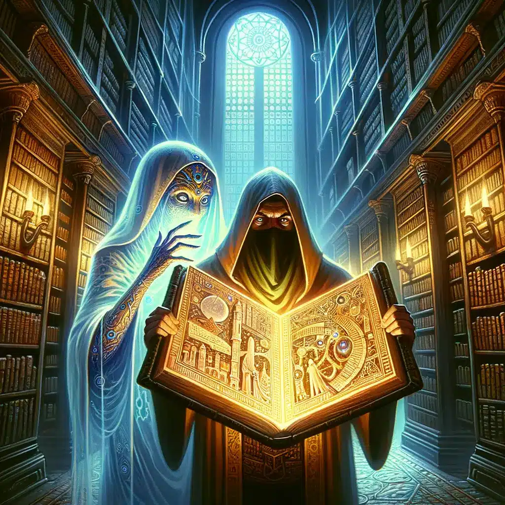 un curador con capucha sostiene un manuscrito brillante mientras un espectro renacentista observa en una biblioteca con estanterías y sombras alargadas
