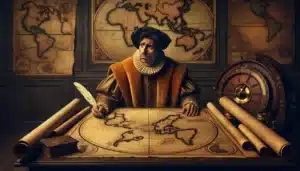 cartógrafo medieval observa un mapa precolón con un gran vacío donde debería estar América en una sala llena de mapas antiguos y pergaminos