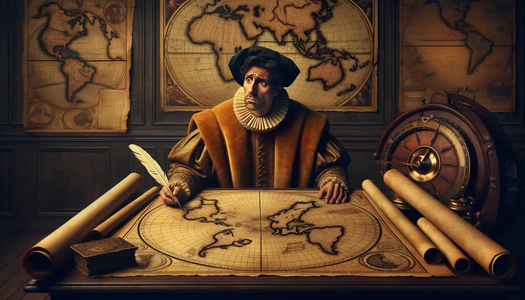 cartógrafo medieval observa un mapa precolón con un gran vacío donde debería estar América en una sala llena de mapas antiguos y pergaminos