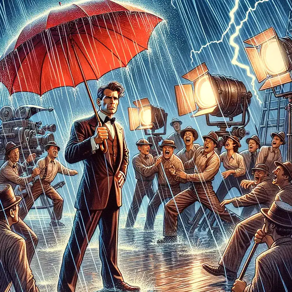 Actor en un set de cine bajo la lluvia con un paraguas rojo cómicamente enredado en su cara mientras el equipo protege el equipo.