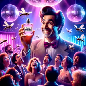 Inventor sonriente sostiene un perfume mientras una multitud confundida se tapa la nariz y mosquitos caricaturescos huyen en un club nocturno de los 90.