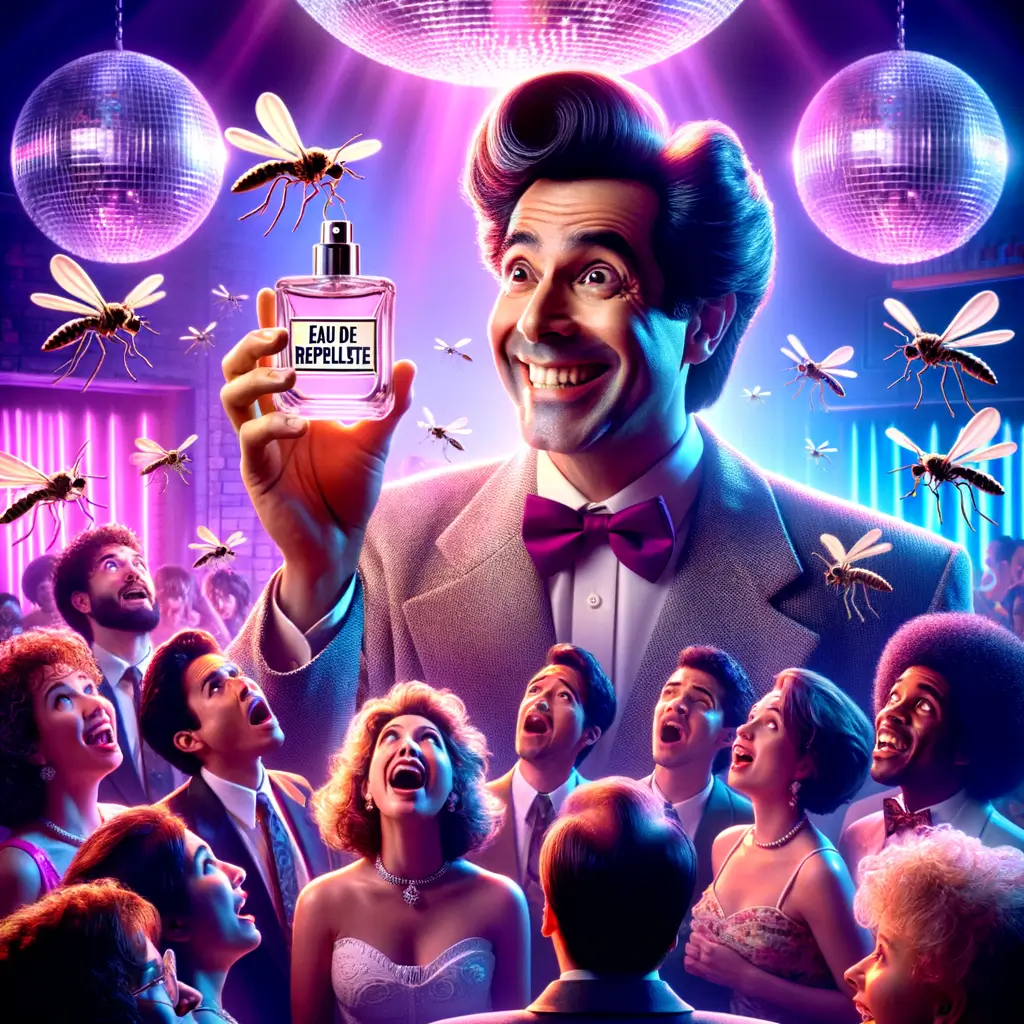 Inventor sonriente sostiene un perfume mientras una multitud confundida se tapa la nariz y mosquitos caricaturescos huyen en un club nocturno de los 90.