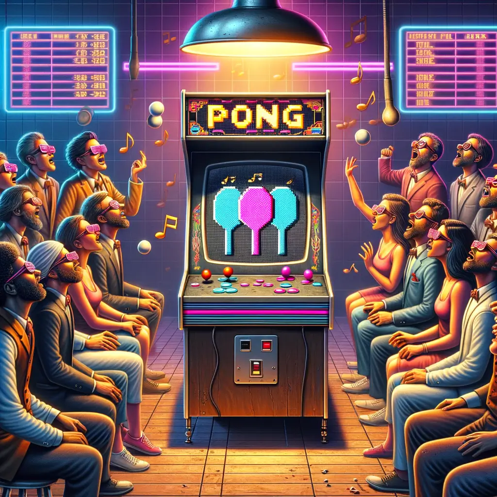 Gamers asombrados observan una máquina de "Pong" con paletas pixeladas animadas y expresivas en una sala de arcade surrealista llena de luces y notas musicales flotantes.