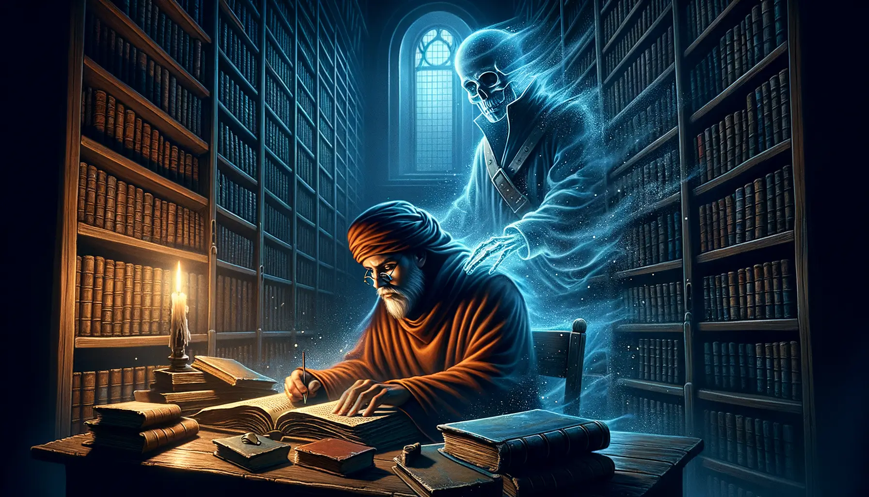 monje del siglo XVII escribe en un libro antiguo mientras un soldado espectral del siglo XX se cierne detrás de él
