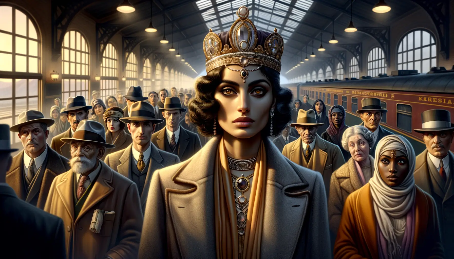 mujer con corona grande y ropa desgastada en estación de tren rodeada de curiosos, fondo con imagen fantasmal de la familia Romanov