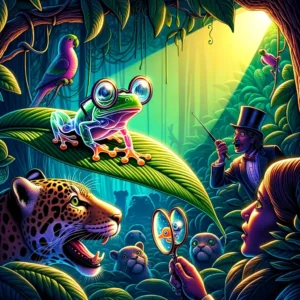 Rana de cristal transparente sobre hoja en la selva, observada por un jaguar con monóculo y sombrero de copa, rodeada de criaturas curiosas.