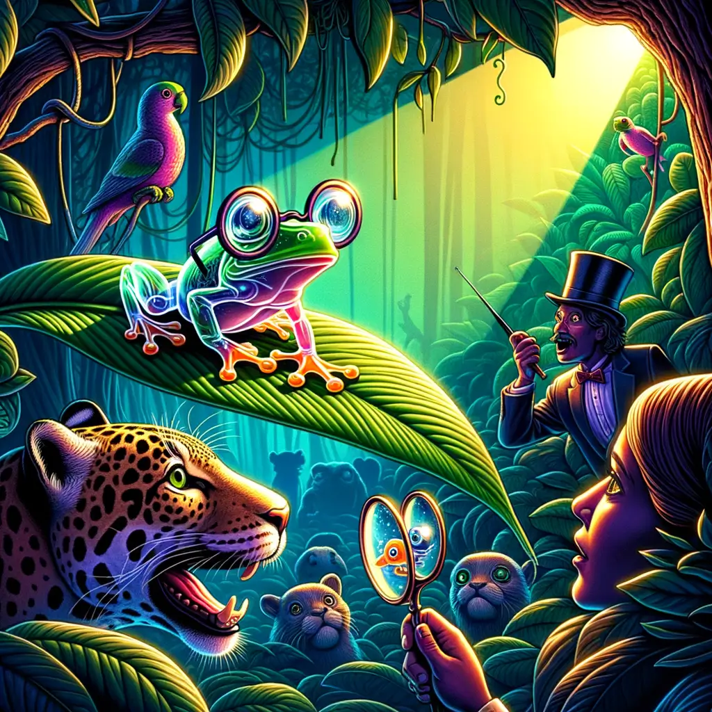 Rana de cristal transparente sobre hoja en la selva, observada por un jaguar con monóculo y sombrero de copa, rodeada de criaturas curiosas.