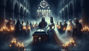 una reina vestida elegantemente sostiene la mano de un cadáver real en un ataúd rodeada de invitados fantasmas en una catedral iluminada por velas