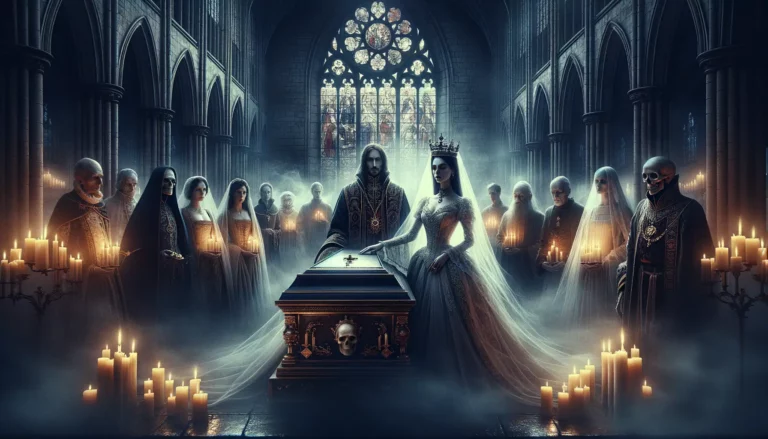 una reina vestida elegantemente sostiene la mano de un cadáver real en un ataúd rodeada de invitados fantasmas en una catedral iluminada por velas