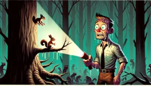 persona en un bosque oscuro sostiene una linterna gigante que ilumina una ardilla mientras grandes gotas de sudor frío caen de su frente