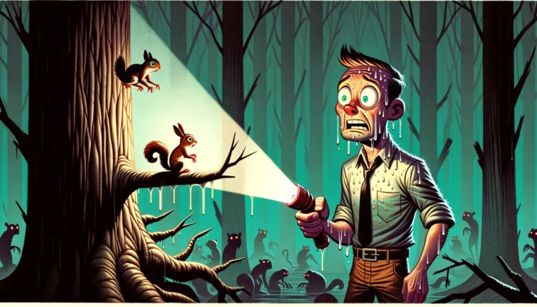 persona en un bosque oscuro sostiene una linterna gigante que ilumina una ardilla mientras grandes gotas de sudor frío caen de su frente