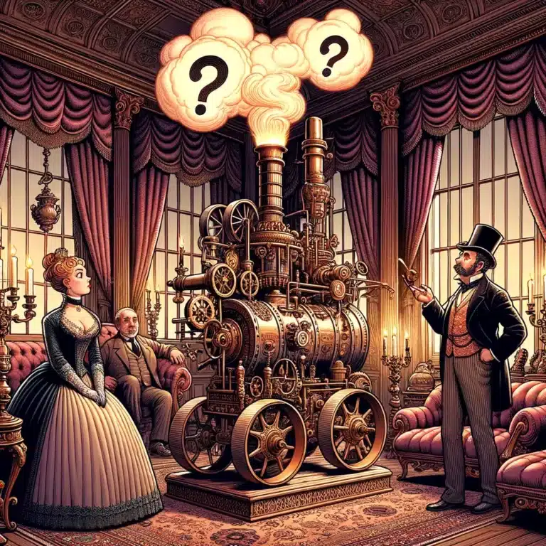 mujer elegantemente vestida observa con curiosidad un dispositivo steampunk con ruedas y chimenea en un salón victoriano iluminado por candelabros