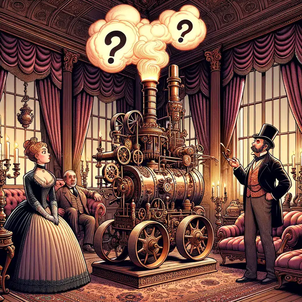 mujer elegantemente vestida observa con curiosidad un dispositivo steampunk con ruedas y chimenea en un salón victoriano iluminado por candelabros