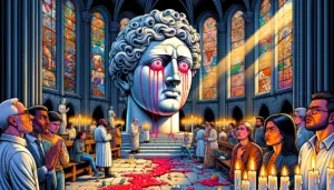 una estatua de mármol en una iglesia antigua llora lágrimas rojas mientras investigadores y creyentes la observan rodeados de velas y vitrales coloridos