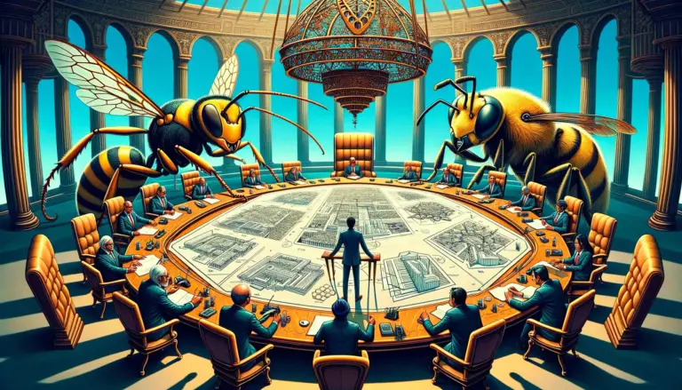 hombre de negocios en traje rodeado de insectos gigantes en una mesa de conferencias con planos de ciudades en forma de colmena