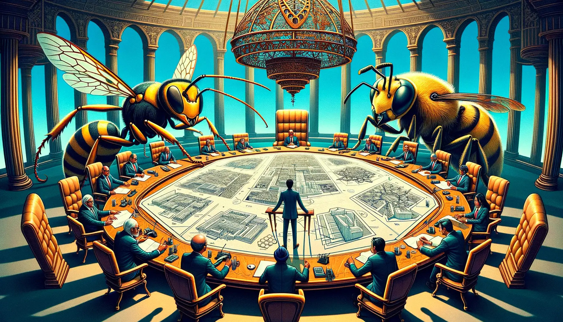 hombre de negocios en traje rodeado de insectos gigantes en una mesa de conferencias con planos de ciudades en forma de colmena