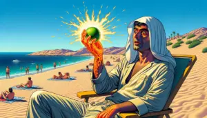 persona en la playa sostiene una lima mientras pequeñas llamas surgen de su mano cubierta de jugo