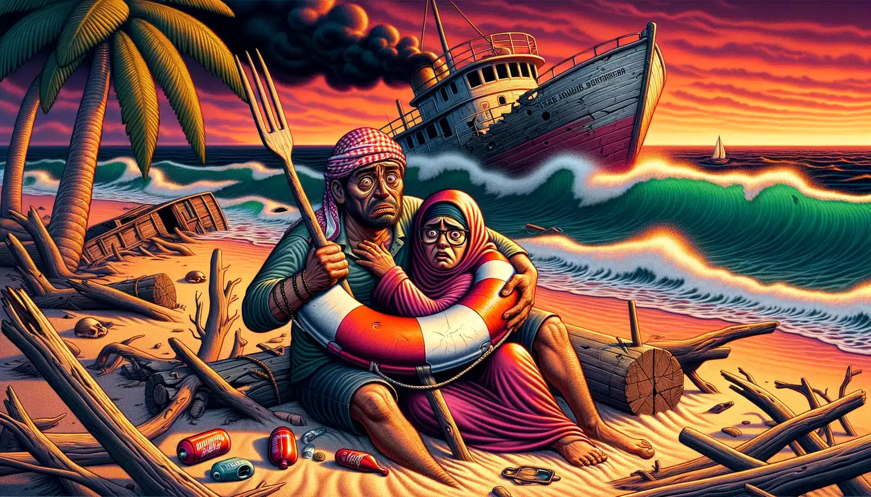 dos náufragos en la orilla de una isla desierta observan un enorme muslo de pavo bajo un atardecer rojo surrealista