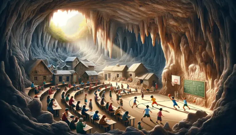 niños en un aula dentro de una cueva rocosa con estalactitas mientras un hombre juega baloncesto en una cancha tallada en el suelo