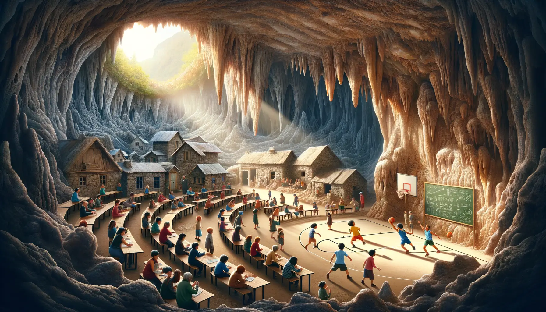 niños en un aula dentro de una cueva rocosa con estalactitas mientras un hombre juega baloncesto en una cancha tallada en el suelo