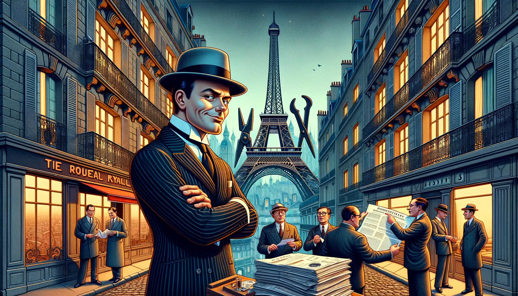 Victor Lustig, elegantemente vestido, presenta documentos a empresarios sorprendidos en un balcón con la Torre Eiffel tambaleante y herramientas gigantes al fondo